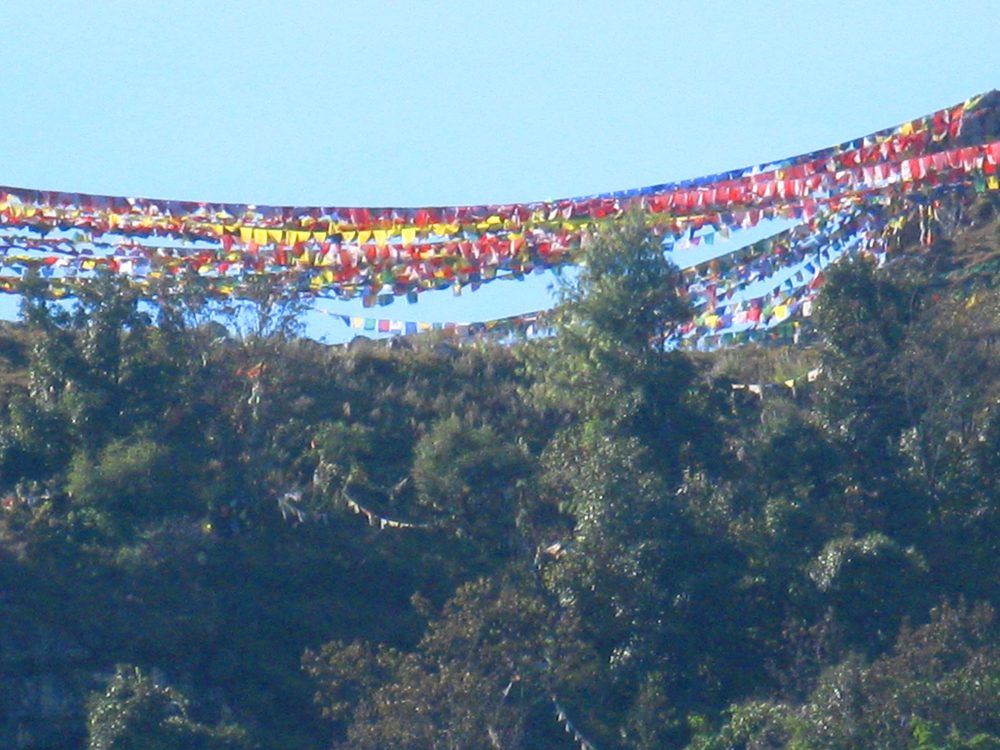Bunte Gebetsfahnen spannen sich über einen Hang im Himalaya
