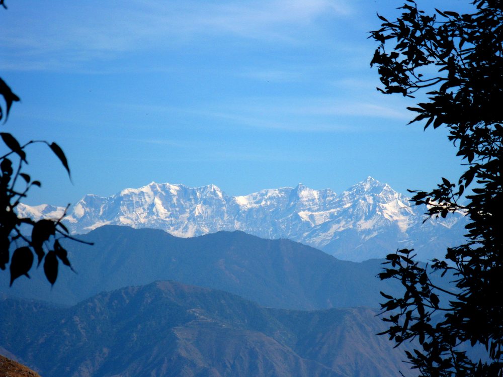 Schneebedeckte Gipfel des Himalaya über bewaldeten Hängen