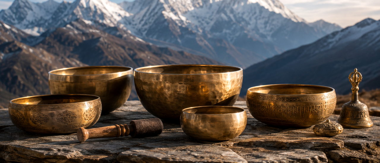 Mehrere goldene Klangschalen mit Klöppel und Glocke auf einem Felsen vor verschneiten Bergen