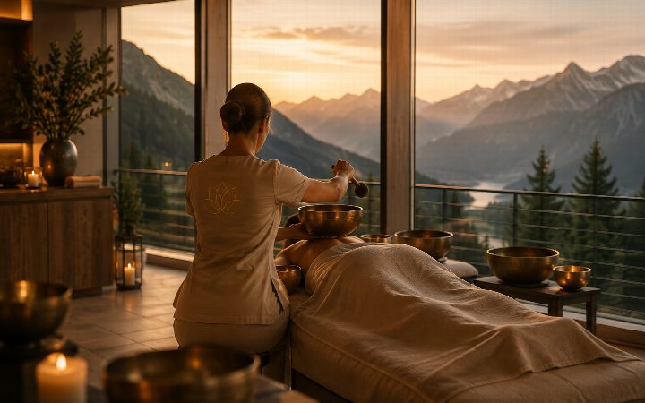 Klangmassage: eine Therapeutin spielt eine Klangschale auf dem Rücken einer liegenden Person, dahinter Berge im Fenster