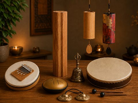 Kalimba, Klangsäule, zwei Klangspiele, Glocke, Zungentrommel und Zimbeln auf einem Holztisch